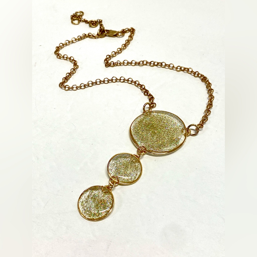 Handmade Triple Drop Iridescent Gold Glitter Necklace Reclaimed Adjustable Chain